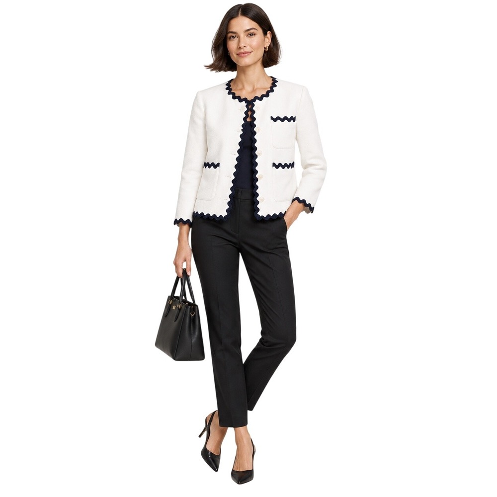 J.Crew Linen Lady Jacket Rickrack Trim White Navy Button Front Size 6